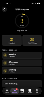 369 manifestation method progress screen showing daily writings