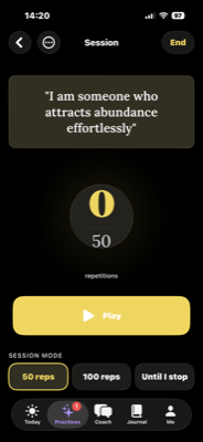 Affirmation session screen with repetition counter