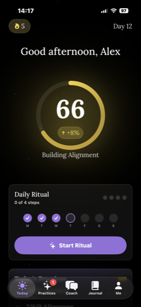 Manni manifestation app home screen showing 66% alignment score and daily ritual tracker