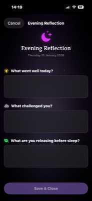 Evening reflection journaling screen with guided prompts