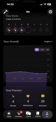 Progress tracking screen showing growth chart and practice stats